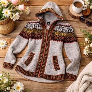 Baby Alpaca Hooded Knit Sweater Jacket Fair Isle Nordic Zip Up Small
